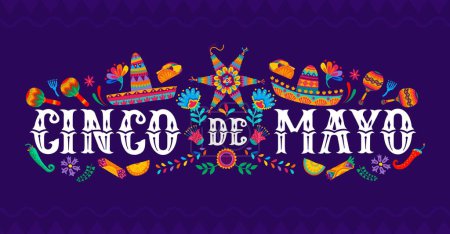 Ilustración de Banner de vacaciones mexicano Cinco de Mayo con flores tropicales, piñata, sombrero y cocina nacional, fondo vectorial. Fiesta mexicana del Cinco de Mayo con sombrero, maracas, burrito y tacos - Imagen libre de derechos