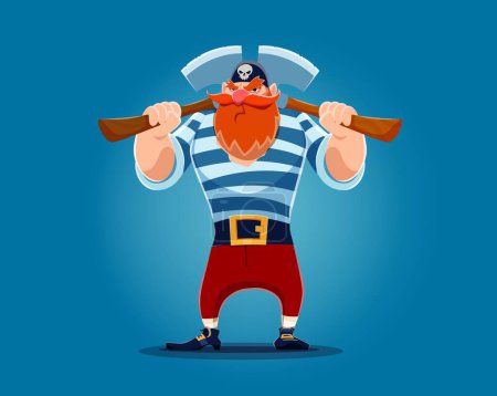 Cartoon sailor pirate character, corsair with crossed axes. Isolated vector bearded rover with menacing face, ready for sea adventures and fight. Swashbuckling buccaneer in striped vest and bandana