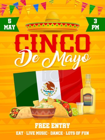Illustration for Cinco de mayo Mexican holiday party flyer with national flag, garland, sombrero and tex mex food. Taco, guacamole and nachos, burrito, tequila and lime. Traditional festival celebration, invite card - Royalty Free Image