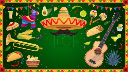 Mexican holiday banner frame with guitar and maracas, sombrero and pinata, national cuisine food. Vector border with traditional authentic festive items of Mexico, instruments, decor and tex mex food