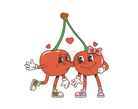 Ilustración de Dibujos animados retro San Valentín gemelos guapos cereza besar personajes. Aislado lindo vector par de bayas que comparten el amor. Personajes nostálgicos cómicos saludan y celebran feliz día de San Valentín - Imagen libre de derechos