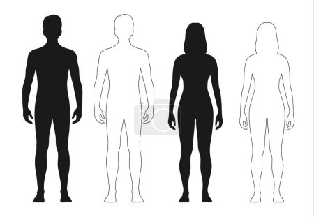 Illustration for Human body silhouette, man and woman outline figure or patient front view, vector contour. Male and female anatomy model of body for medical line icon or health and medicine patient full body - Royalty Free Image