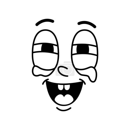 Ilustración de Caricatura cómic groovie cara emoji con LOL o feliz risa emoción, vector lindo personaje. Emoticono cómico retro funky groovy con grandes ojos y dientes en la boca para el personaje de animación de dibujos animados - Imagen libre de derechos