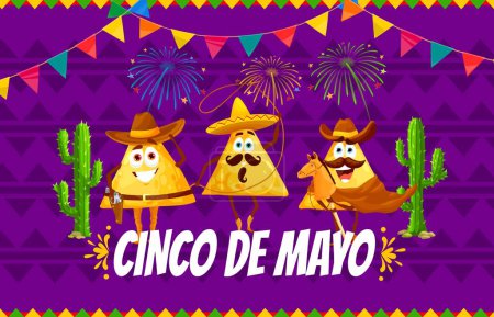 Téléchargez les illustrations : Nachos chips personnages de cow-boy, Cinco de Mayo bannière vectorielle de vacances mexicaine. Caricature nachos mexicains en sombrero avec lasso sur bâton de cheval avec feu d'artifice et cactus pour Cinco de Mayo fête de vacances - en licence libre de droit