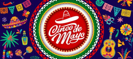 Illustration for Cinco de Mayo paper cut mexican holiday banner. Mexican celebration invitation card, latin holiday flyer or Cinco de Mayo party vector background with guitar, sombrero, papel garland and flowers - Royalty Free Image