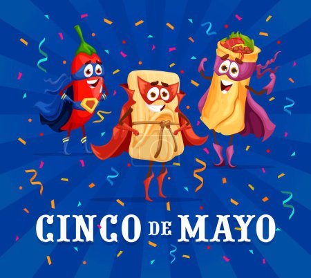 Cartoon mexican tex mex food superhero characters. Cinco de mayo holiday banner with red jalapeno chili pepper, tamales and burrito defenders wear super hero masks and capes inviting for celebration