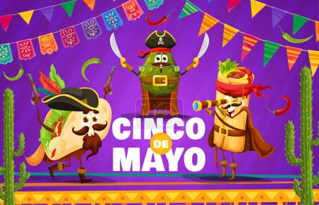 Cinco de Mayo mexikanisches Urlaubsbanner mit Avocado, Tacos und Burrito Piratenfiguren. Cinco de Mayo Party Vektor Einladungskarte mit mexikanischem Essen, Tex Mex Mahlzeiten Seeräuber lustige Persönlichkeiten