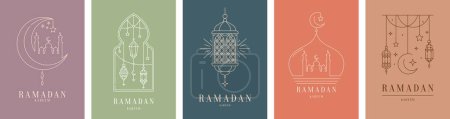 Téléchargez les illustrations : Salutations Ramadan Kareem avec mosquée musulmane, croissant de lune, étoiles et lanternes arabes, bannières vectorielles. Islam fête religieuse Ramadan Kareem en ligne mince art mosquée et lampes lanterne arabe - en licence libre de droit