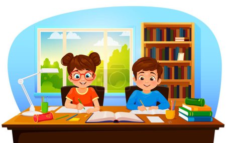 Illustration for Cartoon boy and girl making homework, cheerful pupils writing in notebooks, vector child students. Boy and girl kids in eyeglasses making school homework lessons, together sitting at table desk - Royalty Free Image