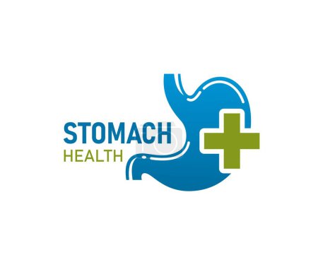 Illustration for Stomach health icon. Isolated vector gastroenterology clinic emblem of healthy human digestive system and green cross. Medical label of belly, internal gut, tummy or colon care, cure and wellbeing - Royalty Free Image