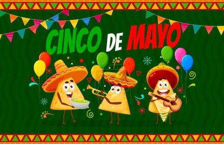 Cinco de Mayo Mexican holiday banner with Tex Mex nachos chips musician characters, vector background. Funny Mexican nacho mariachi in sombreros with guitar, trumpet and guacamole for Cinco de Mayo