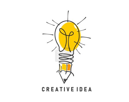 Illustration for Creative idea light bulb pencil icon. Isolated vector symbol of imagination, innovation, art or design. Linear emblem with glowing lamp, sign of writing, creativity, insight and artistic inspiration - Royalty Free Image