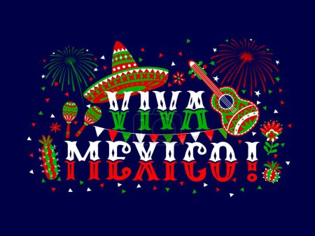 Téléchargez les illustrations : Bannière du jour de l'indépendance mexicaine avec citation de Viva Mexico, sombrero, guitare et maracas, fond vectoriel. Fête nationale mexicaine bannière de fête avec feux d'artifice et ornement floral - en licence libre de droit
