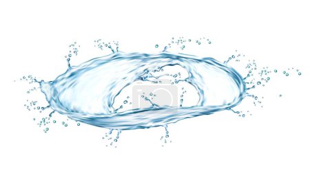 Illustration for Round water wave flow splash. Isolated realistic 3d vector circle with splashing drops in motion, blue transparent aqua splatters in dynamic movement. Twister, swirl or whirlpool fresh, clear stream - Royalty Free Image