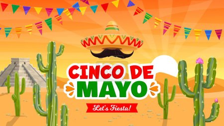 Téléchargez les illustrations : Bannière Cinco de Mayo, sombrero mexicain et désert avec paysage de cactus, fond vectoriel de vacances. Fiesta mexicaine Cinco de Mayo, sombrero aux moustaches et pyramide aztèque aux drapeaux - en licence libre de droit