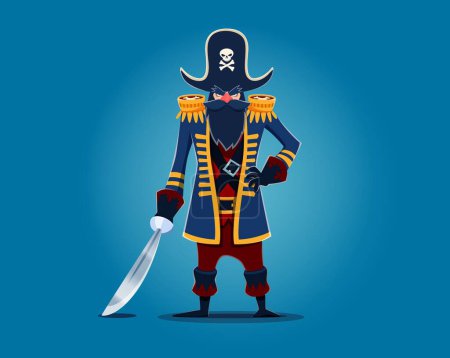 Illustration for Cartoon pirate captain character in tricorn hat. Isolated vector swashbuckling sea corsair rover personage with rugged beard, holding gleaming saber, ready for high-seas adventures and treasure hunts - Royalty Free Image