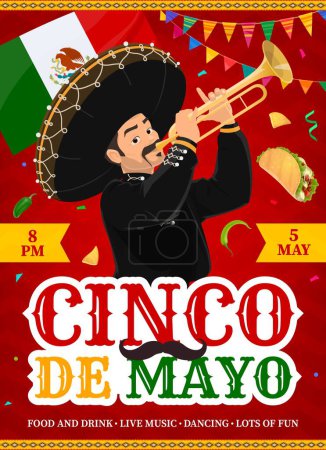 Illustration for Mexican mariachi musician man on Cinco De Mayo holiday party flyer. Traditional Mexico celebration poster, Cinco de Mayo party vector banner with mariachi musician character, tacos and national flag - Royalty Free Image