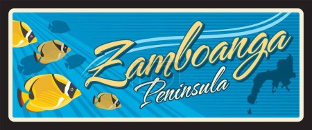 Zamboanga peninsula province of Philippines. Vector travel plate or sticker, vintage tin sign, retro vacation postcard or journey signboard, luggage tag. Souvenir plaque with map and fish