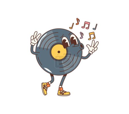 Illustration for Cartoon retro vinyl record groovy character whistle funky melody notes, embodying the soulful vibe of classic music. Isolated vector vintage musical personage radiating nostalgia and playful tunes - Royalty Free Image