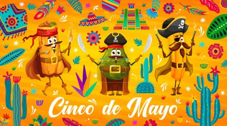 Ilustración de Cinco de Mayo Banner navideño mexicano con personajes de dibujos animados de Tex Mex, fondo vectorial. Burrito pirata, aguacate bucanero y churro filibuster con sombrero, poncho y maracas para fiesta mexicana - Imagen libre de derechos