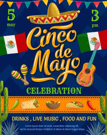 Téléchargez les illustrations : Cinco de Mayo Flyer de vacances mexicain avec sombrero, guitare et drapeaux mexicains, affiche vectorielle. Célébration de la fête et fête nationale mexicaine avec burrito alimentaire Tex Mex, taco et piments - en licence libre de droit