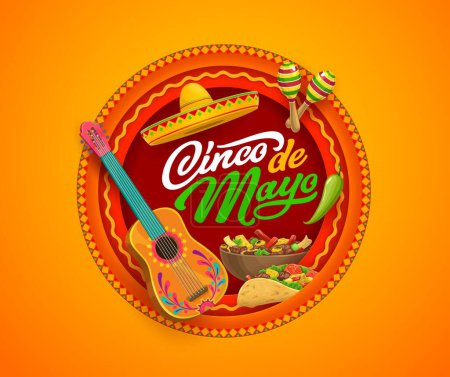 Mexican cinco de mayo holiday paper cut banner with sombrero, guitar, maracas and national food. 3d vector round layered frame with traditional meals of Mexico taco and fajitas ready for celebration