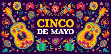 Illustration for Cinco de Mayo Mexican holiday banner with tropical flowers, hummingbirds, guitars, maracas and cactuses, vector background. Cinco de Mayo fiesta Mexican ethnic ornament pattern of tropical plants - Royalty Free Image
