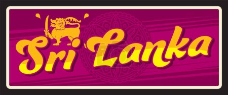 Illustration for Sri Lanka travel sticker, retro tin sign, Indian city tourist plate with elephant, vector vintage sign. Indian vacation trip poster, baggage label. Ceylon Democratic Socialist Republic of Sri Lanka - Royalty Free Image