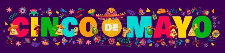 Cinco de Mayo Typografie mit Schriftzeichen der mexikanischen Tex Mex Küche und tropischen Blumen. Mexikanischer Parteiflyer, Cinco de Mayo Feiertagsvektorbanner mit Nacho-Chip, Avocado und Burrito, Shawarma