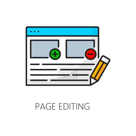 Ilustración de Edición de páginas, icono del sistema de gestión de contenidos CMS del panel digital en línea, pictograma de línea vectorial. CMS o la administración de medios de contenido y configuración de la gestión icono web para la página web o sitio web editar - Imagen libre de derechos