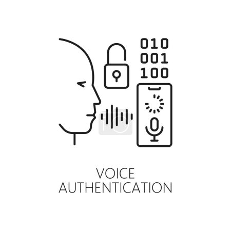 Ilustración de Icono de autenticación de voz, identificación biométrica, reconocimiento y verificación de señales lineales vectoriales aisladas. Símbolo de rostro humano y onda sonora, que significa reconocimiento de voz seguro y control de acceso - Imagen libre de derechos