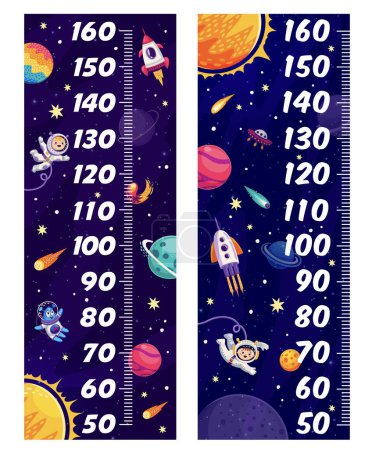 Illustration for Kids height chart rulers with galaxy space planets, stars, spaceships and astronauts. Vector growth chart, measuring ruler scale with cartoon galaxy universe spaceman characters and space landscape - Royalty Free Image