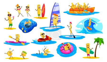 Italienische Pasta-Figuren im Sommer Strandurlaub und Outdoor-Aktivitäten, Cartoon-Vektor. Penne schwimmen im Meer, Spaghetti oder Tagliatelle mit Surfbrett, lustige Tortellini und Cannelloni beim Tauchen