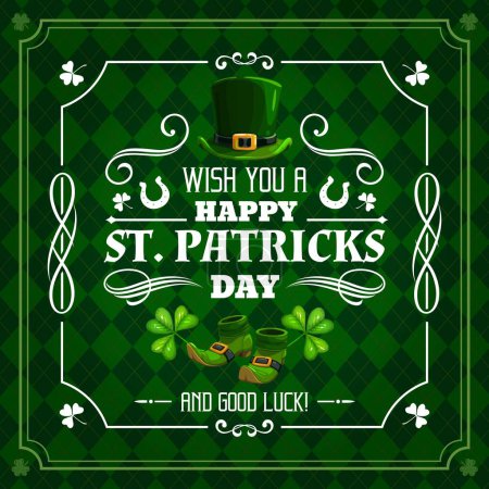 Illustration for Saint Patricks day holiday greetings, green banner or poster with Irish pattern, vector background. Clover shamrock and leprechaun hat with boots and Happy wish greeting on St Patrick Day holiday - Royalty Free Image