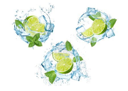 Illustration for Mojito drink. Lime fruit with ice cubes, mint leaves and water splash. Zesty refreshing symphony, kissed by the cool embrace of rum and soda, creating a vibrant and invigorating tropical sensation - Royalty Free Image