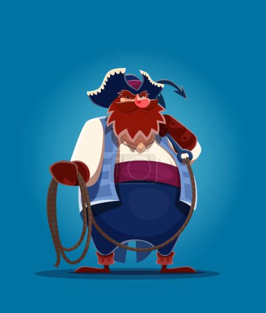 Cartoon fat pirate, corsair sailor character with grappling hook and rope. Piracy vector personage of funny red bearded pirate or buccaneer with big belly in sea robber costume and tricorn hat