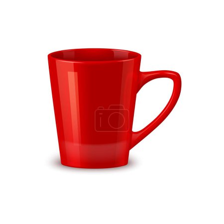 Ilustración de Taza de café de cerámica roja y taza de té maqueta, vajilla realista. Vector 3D aislado, recipiente resistente al calor para disfrutar de bebidas. Hecho a mano de arcilla cocida, con un mango para una sujeción cómoda - Imagen libre de derechos