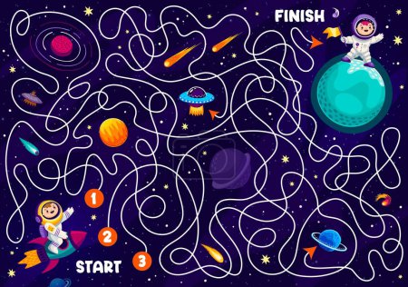 Illustration for Space labyrinth maze game. Help to kid astronaut find a friend on far alien planet in galaxy. Vector board game with tangled path, start and finish on cosmic landscape. Cartoon educational riddle test - Royalty Free Image