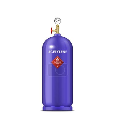 Acetylen realistische Gasflasche aus Metall, isolierter Vektor lila Ballon mit einer leicht entflammbaren Verbindung, der aufgrund seiner hohen Flammentemperatur zum Schweißen, Schneiden und für industrielle Anwendungen verwendet wird