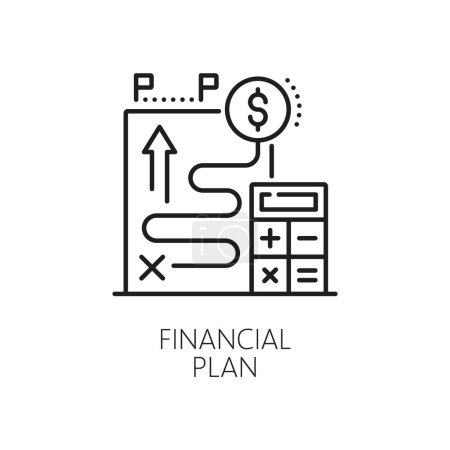 Illustration for Financial plan line icon for financial analysis in budgeting and finance, vector pictogram. Financial analysis in budget accounting, tax expenses and income revenue, line icon with money calculator - Royalty Free Image