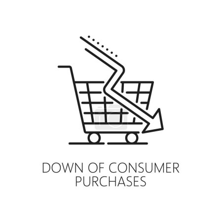 Illustration for Down of consumer purchase line icon, economic crisis and money loss, downturn and bankruptcy symbol. Vector outline shopping cart and a downward arrow sign, sharp decline in consumer spending - Royalty Free Image