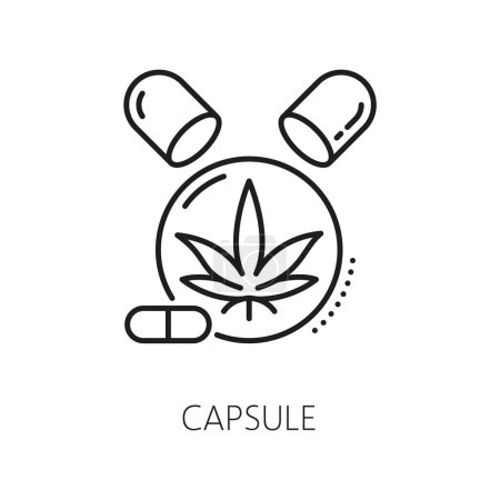 Illustration for Cannabis capsule line icon of medical marijuana or CBD weed extract pills, vector symbol. Medical cannabis or marijuana capsules for mental health, relaxation and depression treatment in line icon - Royalty Free Image