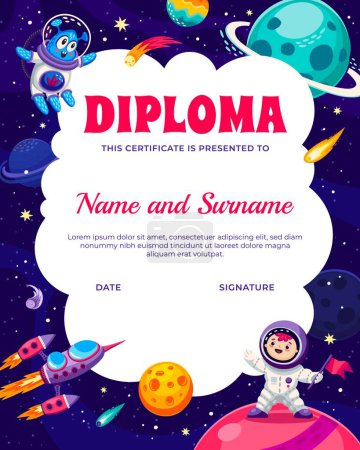 Illustration for Kids diploma with spaceman boy, alien and space planets. Vector school or kindergarten graduation, award or appreciation certificate with cute cartoon child astronaut, et character and starship engine - Royalty Free Image