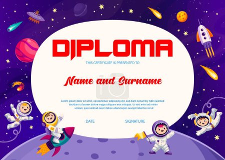 Illustration for Kids astronaut diploma. Vector education or graduation school certificate with cartoon little cosmonaut in space and alien planet surface. Achievement award frame template for brave galaxy explorers - Royalty Free Image