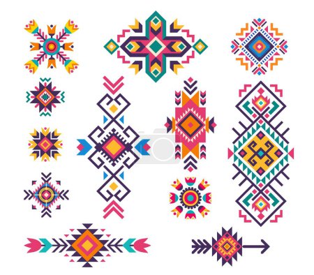 Téléchargez les illustrations : Motifs de motifs tribaux folkloriques mexicains et ornements de couleurs ethniques avec des éléments géométriques vectoriels. Amérindiens, aztèques, navajo et mayas motifs indiens, motifs boho, fleurs, rayures, ornements triangulaires - en licence libre de droit