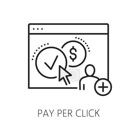 Ilustración de Icono de pago por clic, SEM o marketing de motores de búsqueda y pictograma de línea de vectores de gestión de contenido. Símbolo de búsqueda y publicidad web, PPC para SEM o SEO en medios de Internet o contenido en línea - Imagen libre de derechos
