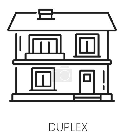 Illustration for Real estate icon. Duplex house line pictogram. Suburb real estate rent service or company outline vector icon or symbol, home sale monochrome thin line sign with two-storey cottage house - Royalty Free Image
