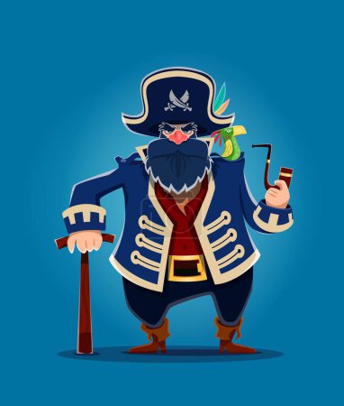 Capitán pirata de dibujos animados. Carácter marinero corsario con pipa humeante y loro. Personaje pirata divertido capitán vector con barba azul. Ladrón de mar o bucanero marinero en chaqueta de corsario, sombrero tricornio