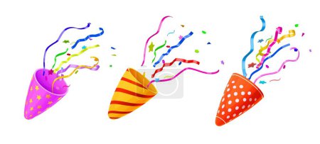 Illustration for Firecracker or holiday birthday party popper striped cone with confetti and stars. Isolated cartoon vector vibrant shooters burst of joy, releasing festive ribbons to celebrate the special occasion - Royalty Free Image