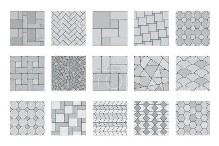 Illustration for Pavement top view patterns, street grey cobblestone or garden sidewalk tiles, seamless vector. Gray stone and bricks pavement pattern of ground floor, mosaic backgrounds with geometric cubic texture - Royalty Free Image
